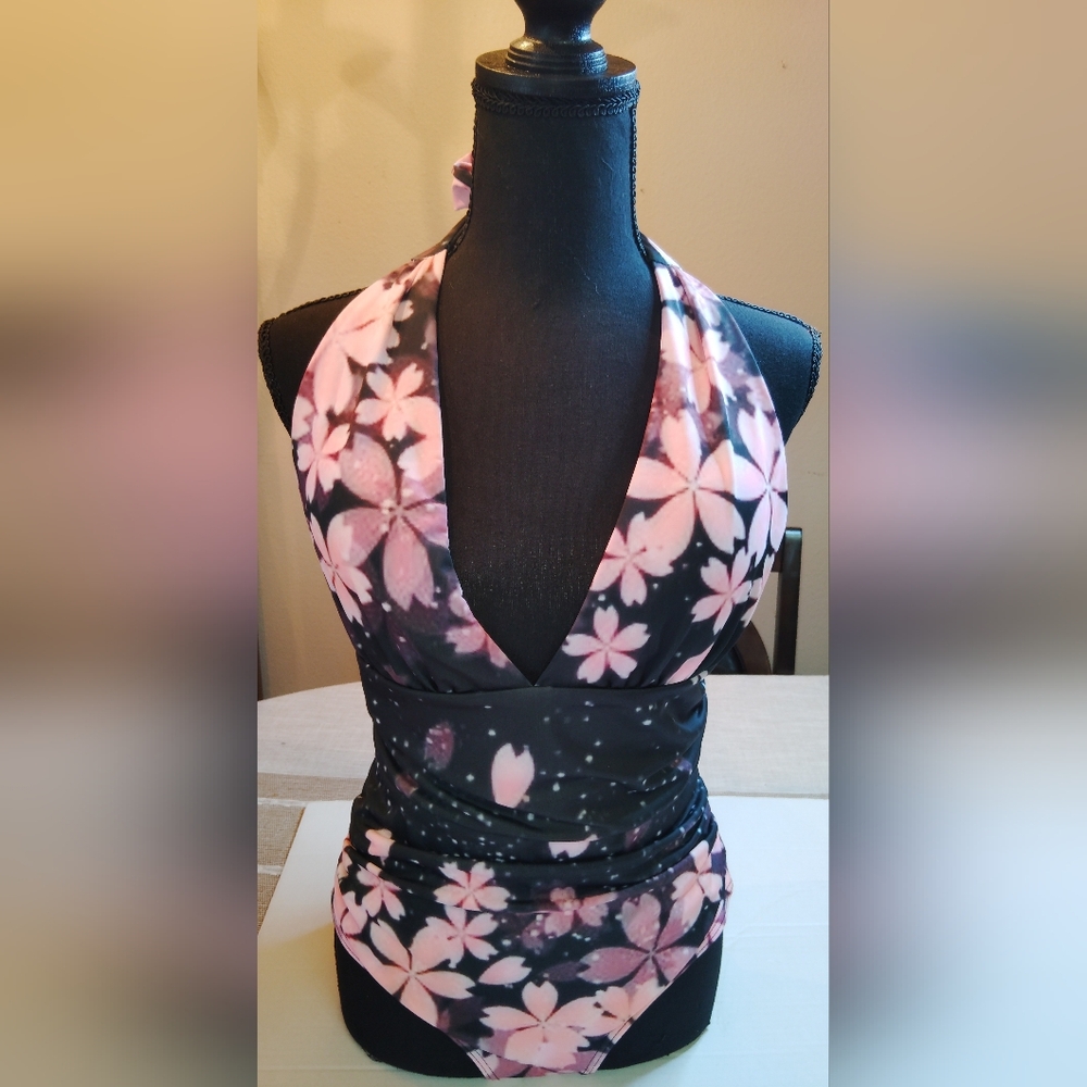 Black and Pink Floral Halter Bathing Suit